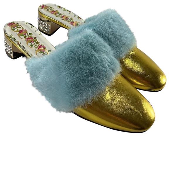 Gucci 41 Gold Metallic Aqua Mink Fur Crystal Heel Mules Slides D888 - Picture 1 of 12